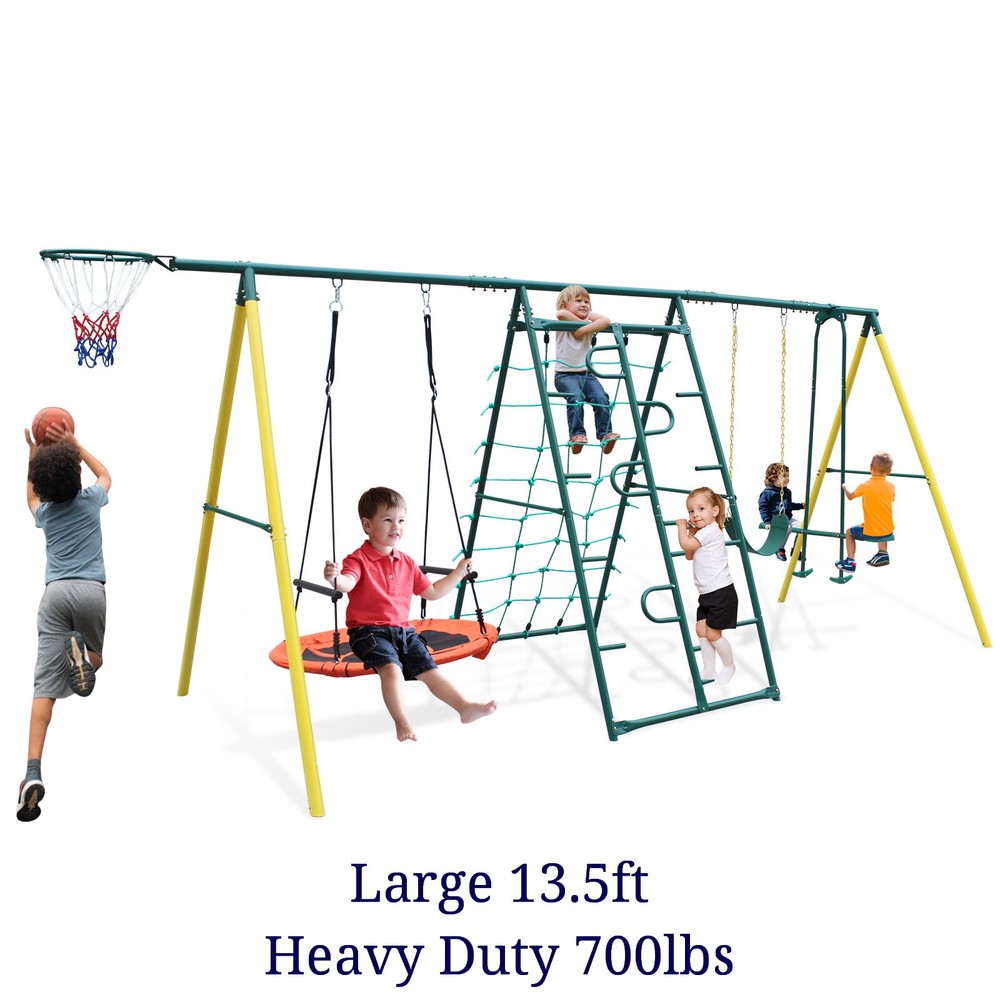 Kids Outdoor Heavy Duty Swing Set Seesaw Climbing Basket Playground 6in1 Playset