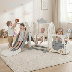 Toddler Slide and Swing Set, 5 in 1 Bus Themed Baby Slide with Climber Basketbal