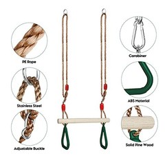 Trapeze Swing Bar with Rings, Wooden Trapeze Swing Bar with Plastic Gym Green