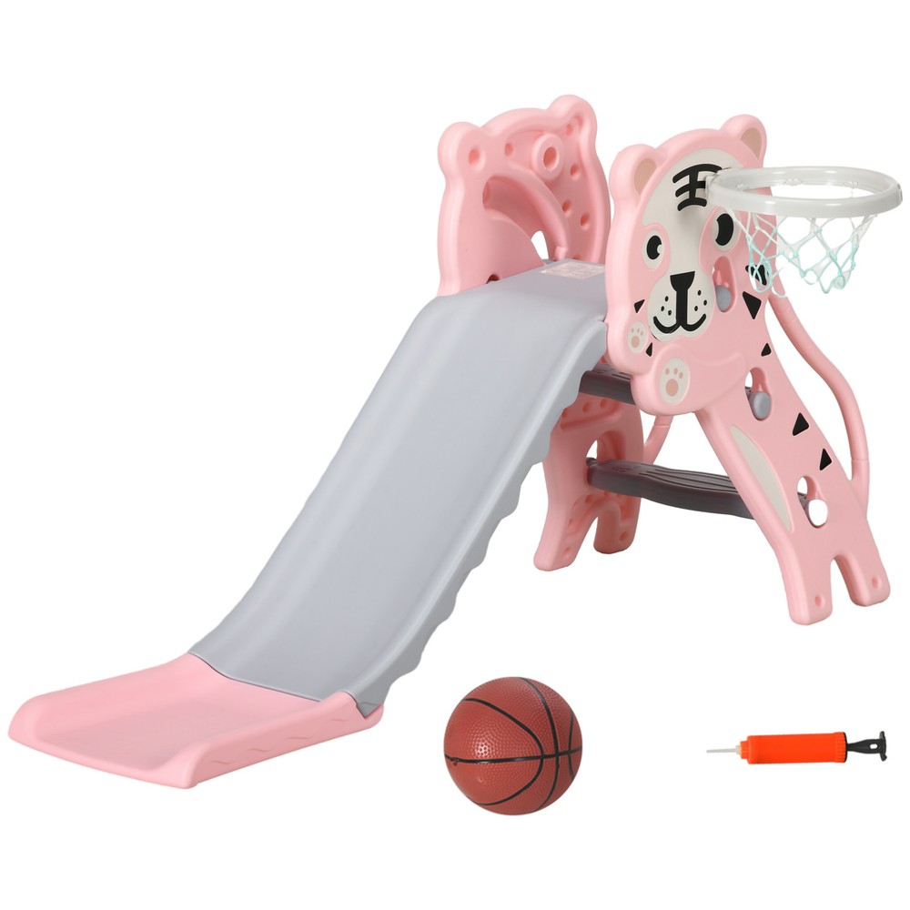 Qaba 3 in 1 Toddler Slide for Indoor with Basketball Hoop, Pink