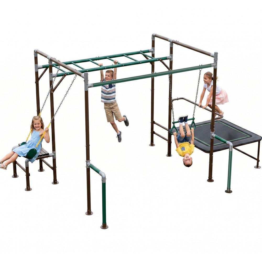 Monkey Bars Swing Set with Trapeze Bar & Trampoline Heavy Duty for Kids Outdoor