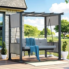3-Seat Porch Swing with Stand 2in1 Convertible Bed Wicker Canopy Gray Outdoor