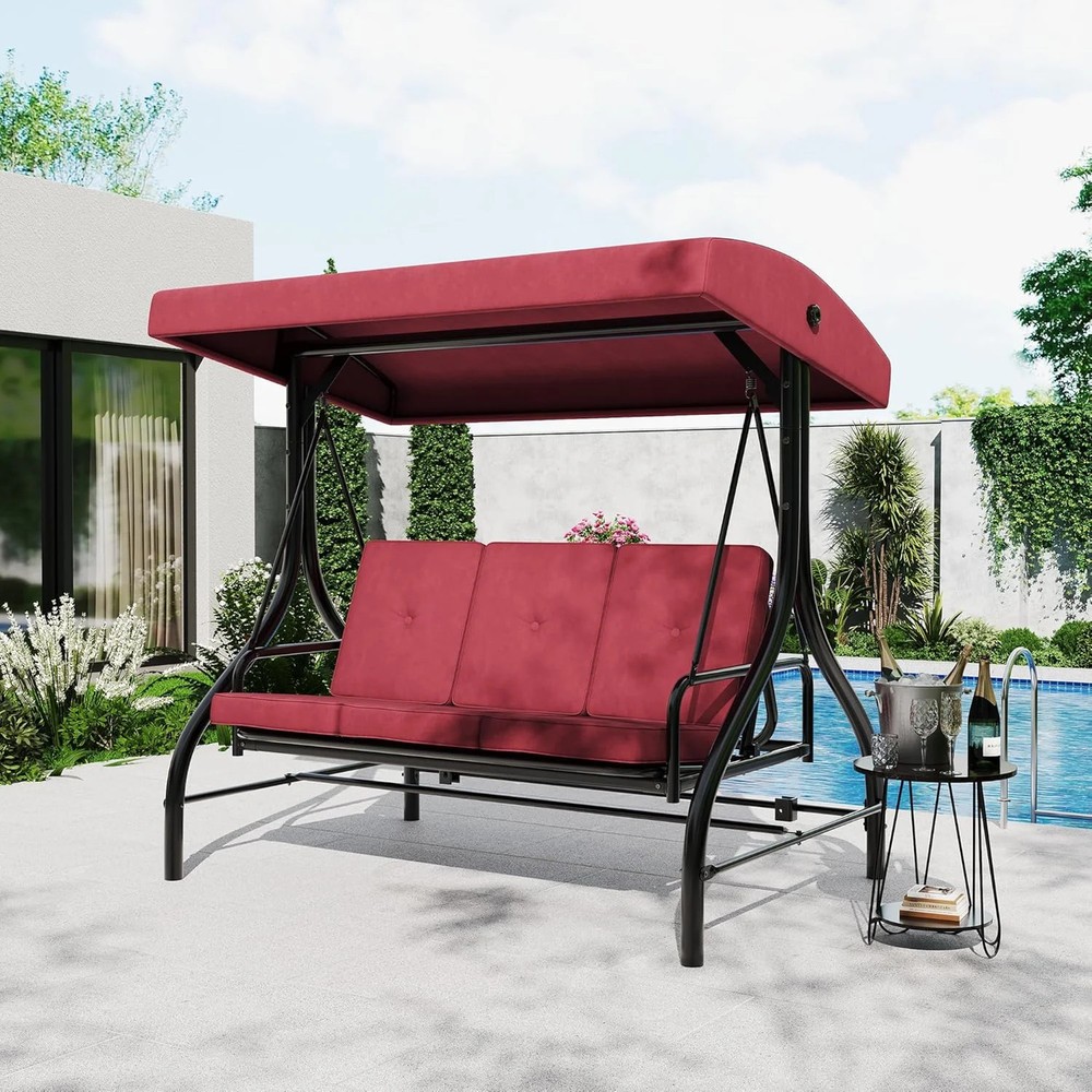 3-Seat Outdoor Porch Swing with Adjustable Canopy, Patio Swing Chair with Stand,