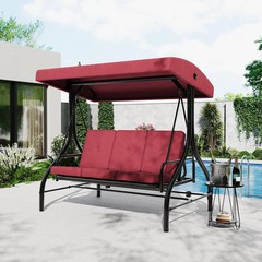 3-Seat Outdoor Porch Swing with Adjustable Canopy, Patio Swing Chair with Stand,