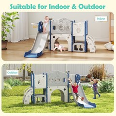 8 in 1 Toddler Slide Set Kids Slide with Basketball Hoop, Playset for Kids Blue