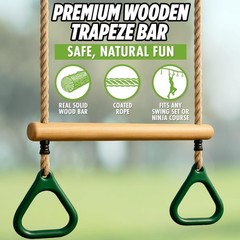 Adjustable Wooden Trapeze Swing Bar for Kids – 18″ Monkey Bars & Rings – Ninja W