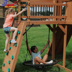 Cedar Wood Swing Set with Wave Slide Raised Wooden Bridge Outdoor Playset NEW