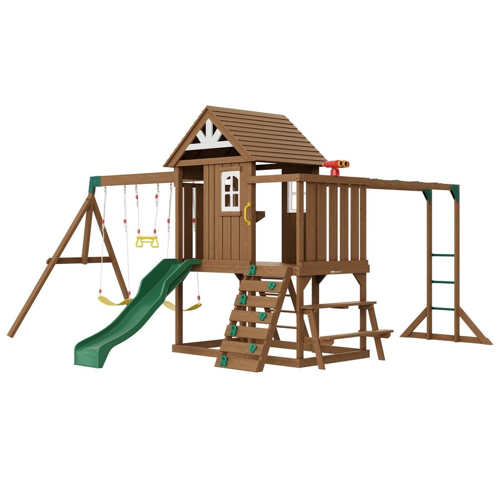 10-in-1 Cedar Swing Set: 2 Swings 6ft Slide Fort Sandbox Rock Wall Picnic Table