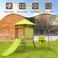 4-in-1 Kids Outdoor Metal Playset with Covered Playhouse Fort, Slide & Ladder