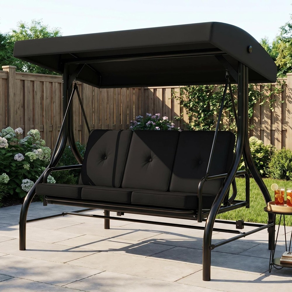 IDEALHOUSE 3-Seat Patio Swing w/ Stand, Convertible Bed, Adj. UV Canopy, 800lb