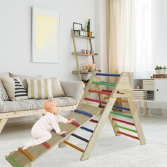 Pikler Triangle Ladder with Ramp & Slide, Foldable Wooden Climber for Toddlers