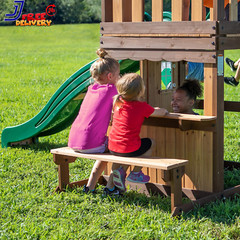 Lakewood Cedar Wood Swing Set with Wave Slide Playhouse Snack Bar Window NEW