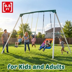 9.5ft Tall Heavy Duty Frame Metal Swing Set for Kids Adult Outdoor with 3 Swings