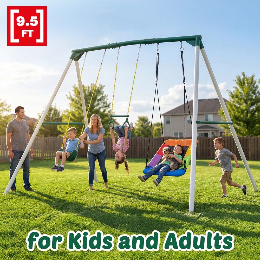 Hapfan 700lbs Heavy Duty 9.5ft Metal Swing Set for Kids Backyard with 3 Swings