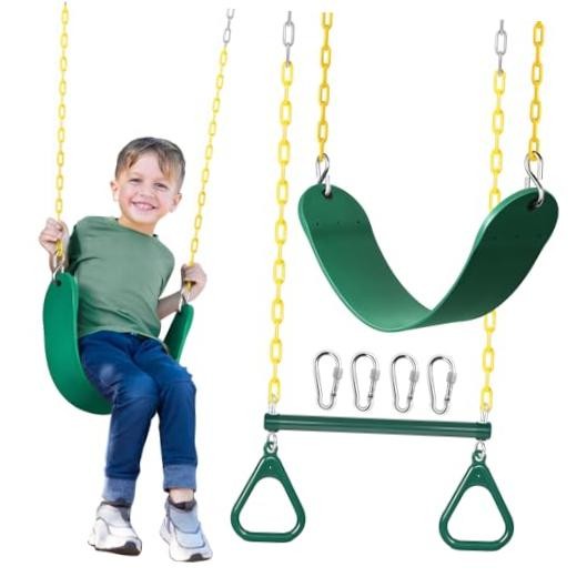 16″ Trapeze Swing Bar with Gym Ring & Toddler Swing, Swing Set 2 Green1