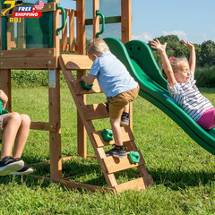 Wood Swing Set with Wave Slide Canopy Roof Outdoor Playset FREE SHIPPING USA ONL
