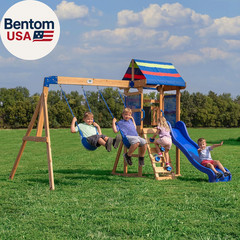 Bay Pointe Cedar Wood Swing Set with Wave Slide, Play Deck, Rock Wall Ladder, Be