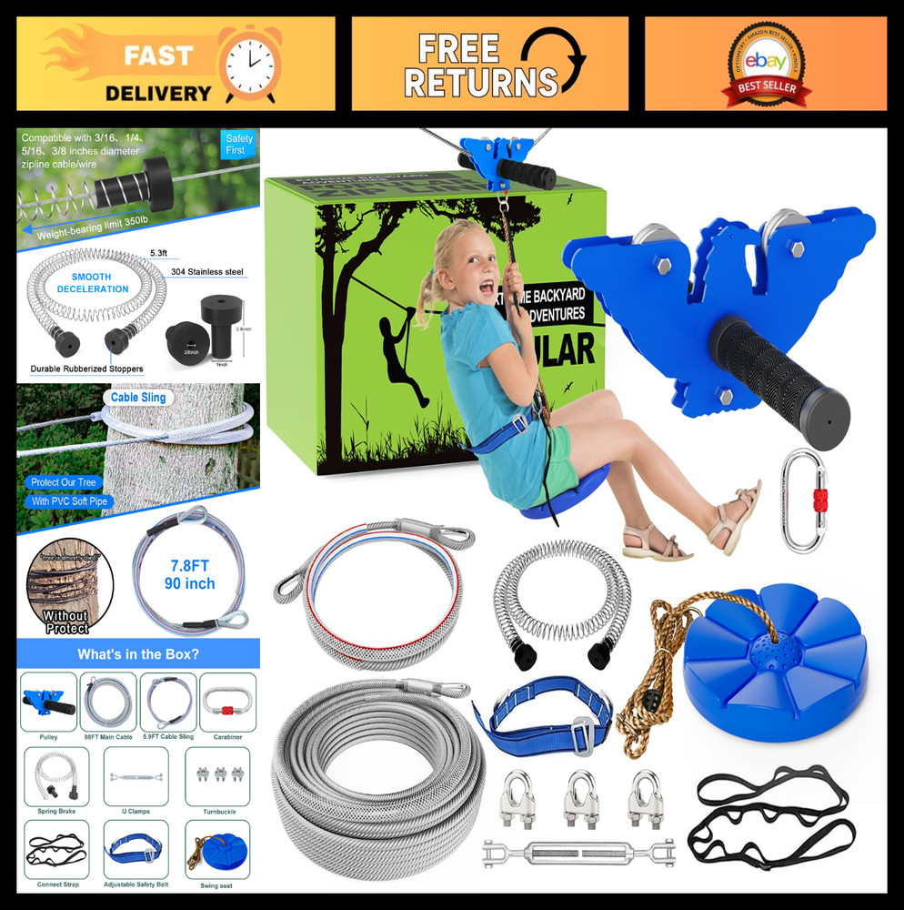 180FT Zip Line Kit for Backyard Fun – Swing Seat, Brake, Steel Trolley – Outdoor