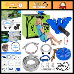 180FT Zip Line Kit for Backyard Fun – Swing Seat, Brake, Steel Trolley – Outdoor