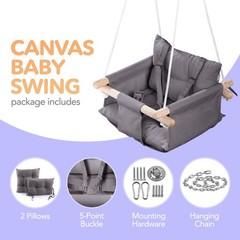 Canvas Baby Swing Seat with 5-Point Safety Belt — Wooden Hanging Toddler Swin…