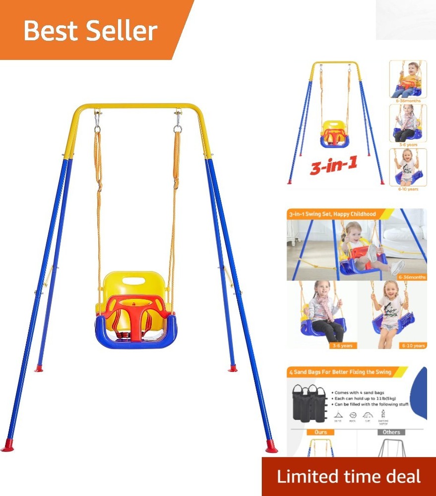 Safe 3-in-1 Toddler Swing Set with 4 Stability Sandbags for Indoor/Outdoor Play