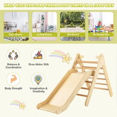 2-in-1 Wooden Climbing Triangle Set Triangle Climber w/ Ramp Natural