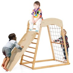 6-in-1 Wood Jungle Gym Montessori Climbing Play Set w/Double-sided Ramp Natural
