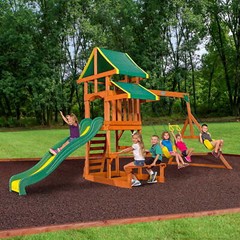 Kids Cedar Wood Swing Set Outdoor Playground Slide Ladder Playhouse Rockwall