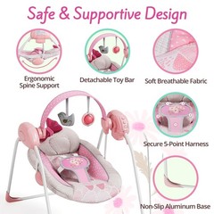 Portable Baby Swing, Pink Electric Infant Swing with 5 Speed Levels, 6 Songs …