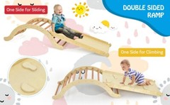 3-in-1 Kids Climber Ladder Wooden Arch Rocker board W/ Sliding & Climbing Ramp