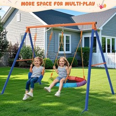 Pre-Owned Swing Set with Stand 2 Swings Kids Heavy Duty Metal A-Frame Outdoor