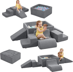 Soft Foam Climbing Blocks with Ball Pit, 6PCS Grey Indoor Climbing Toys for Todd