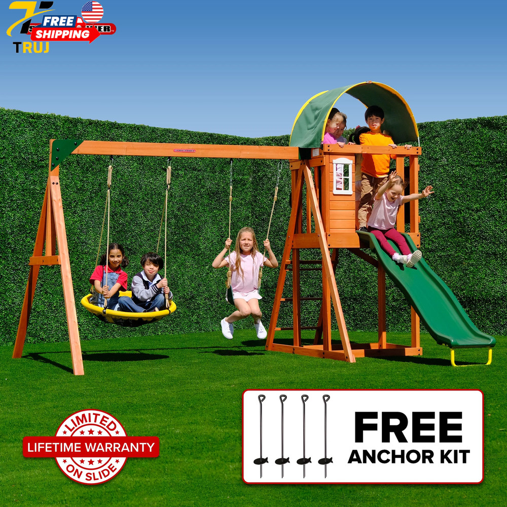 Wooden Swing Set with 2 Person Saucer Swing 6′ Blow Molded Slide Heavy Duty Doub
