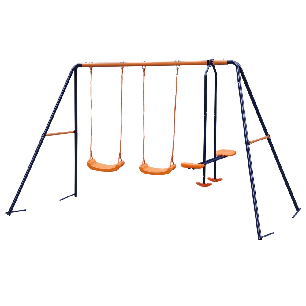 Double Swing Set Stand Fun Play Chair Kids Children Metal Frame Backyard Home