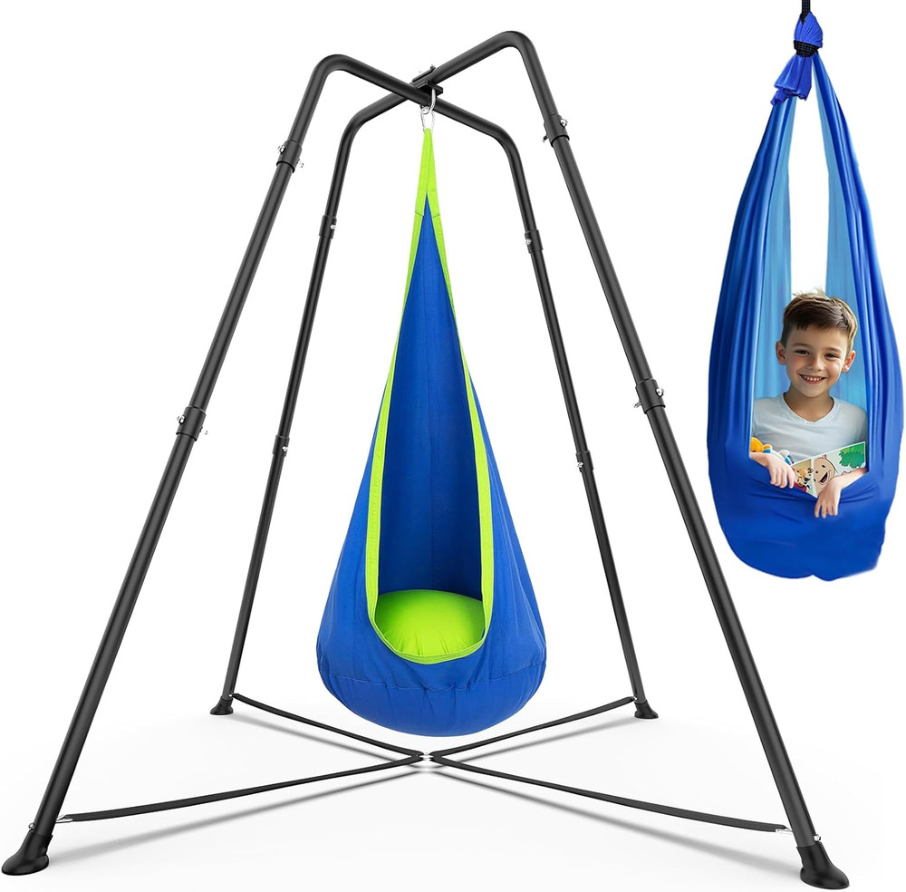 Swing Stand Frame Sensory Pod Chair Set X Shaped Heavy Duty Metal Outdoor Blue