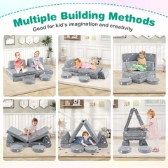 Modular Kids Play Couch Set Glow in Dark Portable Handles Gray Soft Foam Sofa