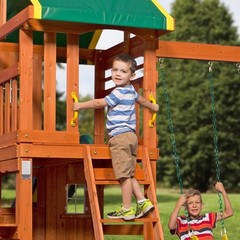 Wooden Swing Set Outdoor Backyard Cedar Fort Clubhouse Slide Trapeze Playground