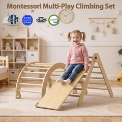 Large Pikler Triangle Set, 7-In-1 Toddler Climbing Toys Indoor, Wooden Montessor