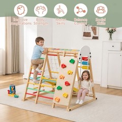 9-in-1 Foldable Kids Climbing Frame w/ Slide, Swing & Monkey Bars – Wooden Play