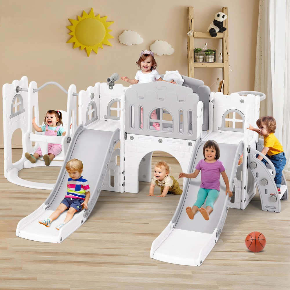 JOYLDIAS Toddler Swing & Double Slide Kids Indoor Playground Set Outdoor Playset