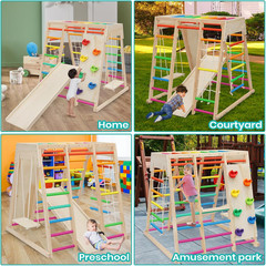 7 in 1 Pikler Indoor Playground Jungle Gym Playset, Wooden Montessori Climber wi