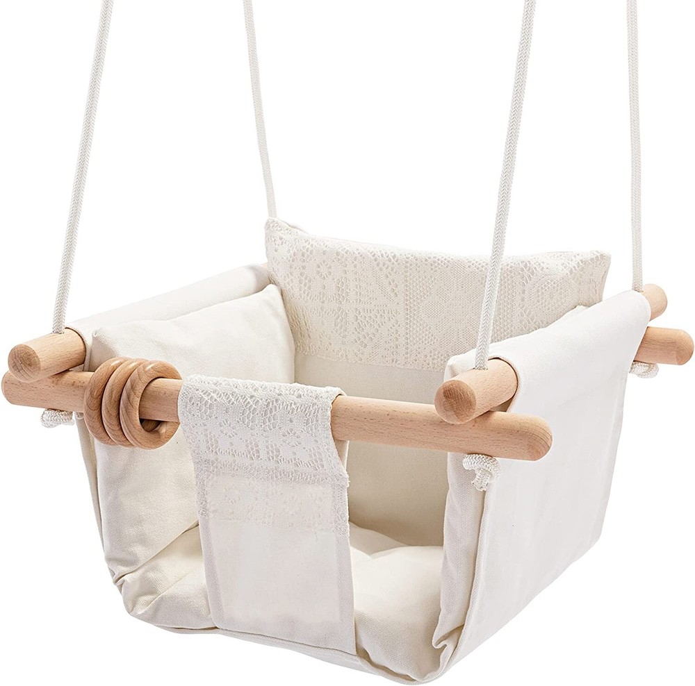 MLIAN Natural Wood and Canvas Baby Swing & Seat Chair for ages 6-36 Months
