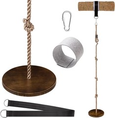 Wooden Round Disc Tree Swing Adjustable 51″-73″ Climbing Rope for Kids Outdoor