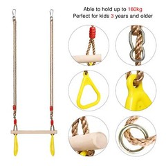 TRAPEZE SWING BAR Wooden with Plastic Gym Rings for Playground Children PELLOR