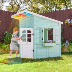 Teamson Kids Rainbow Shade Wooden Playhouse with Kitchen, Flower Box & Bench