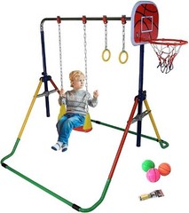 Adjustable Kids Gymnastics Bar Set w/ Swing, Rings, Hoop – Home Training & Fun