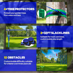 2X50 Ft Ninja Obstacle Course Kit for Kids with Slackline and 13 Fun Accessories