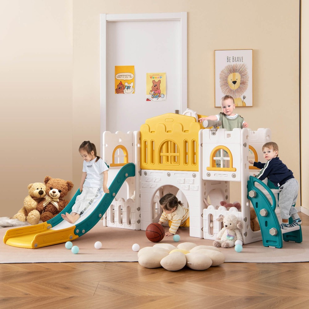 All in 1 Toddle Slide Playset Freestanding Kids Slide w/ Tunnel Basketball Hoop