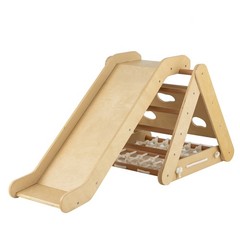 Wooden Climbing Toys Set Triangle Climber w/ Sliding Ramp Natural