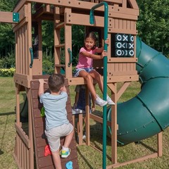 Backyard Wooden Swing Set Playset w 3 Slides Rock Wall Swings Playhouse KidKraft